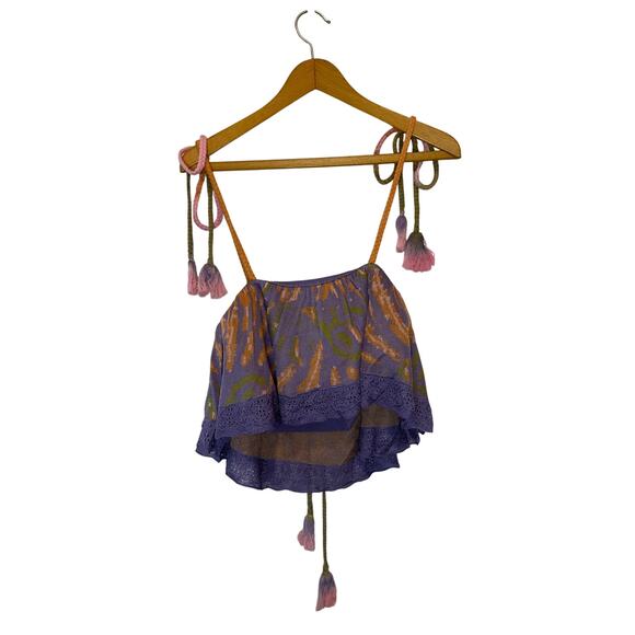 Anthropologie NWT Purple Flounce Knit Tassel Tie Strap Cropped Tank Top Sz Large - Picture 4 of 12